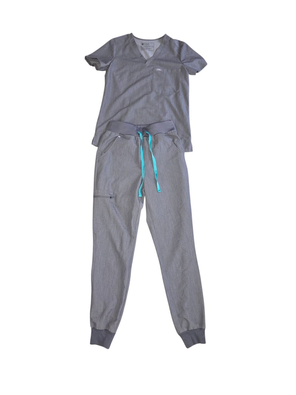 Figs Women's Grey Scrub Set with Teal Drawstring Size XS